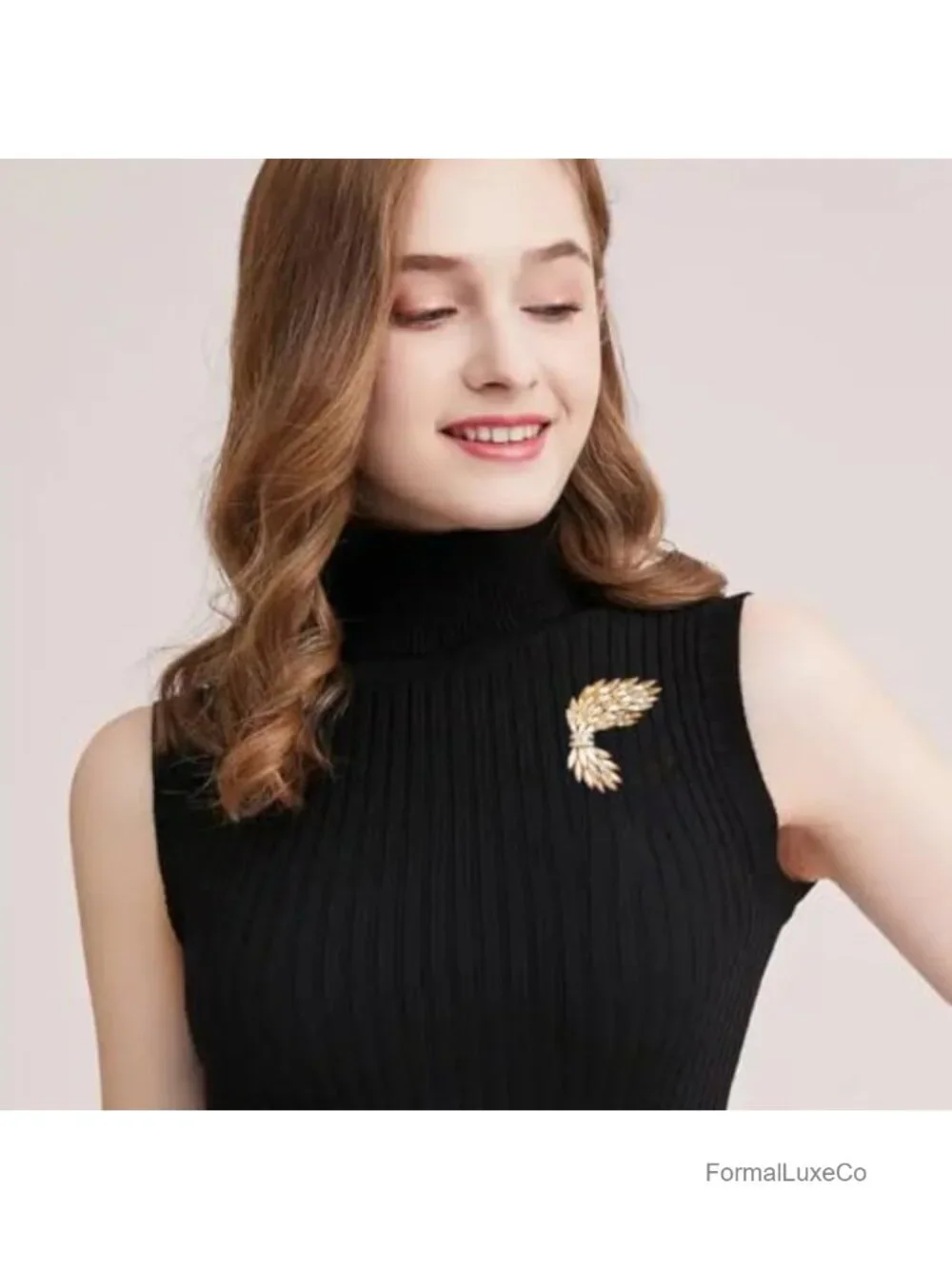 Vintage Gold Tone Wing Brooch Rhinestone Crystal Enamel Lapel Pin for Women